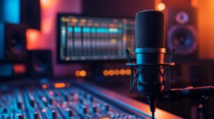 Professional recording studio setup featuring a large condenser microphone with pop filter, an audio mixing console, and a computer screen displaying audio editing software. The scene is lit with vibrant blue, purple, and orange ambient lighting.